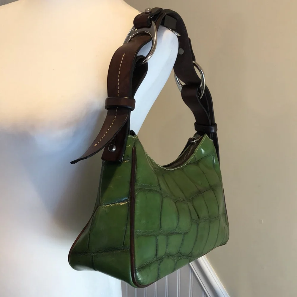 DOONEY BOURKE Green Croc Embossed Leather Hobo Shoulder Bag Top Zip Closure